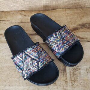 Frye Lily Boho Woven Jacquard Fray Wedge Slide Sandals Southwestern SZ 8
